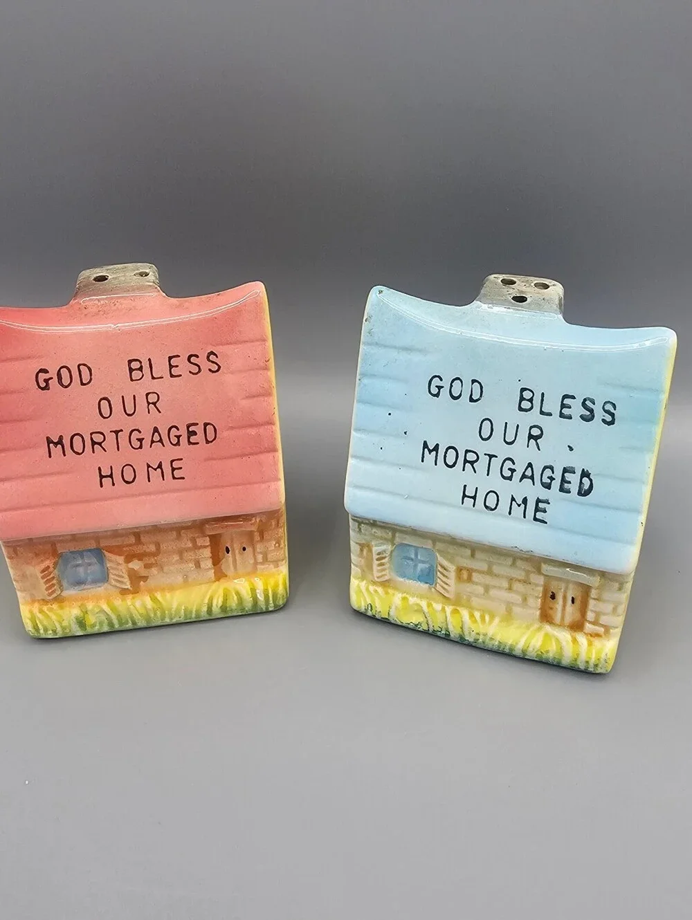 Vintage Ceramic Salt and Pepper Shakers - God Bless Our Mortgaged Home